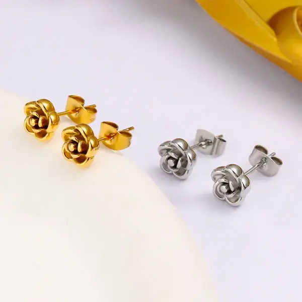 Wholesale 304 Stainless Steel Rose Flower PVD Coated 18K Gold Real Gold Plated French Style IG Style Waterproof Non Tarnish Gold Silver Ear Studs