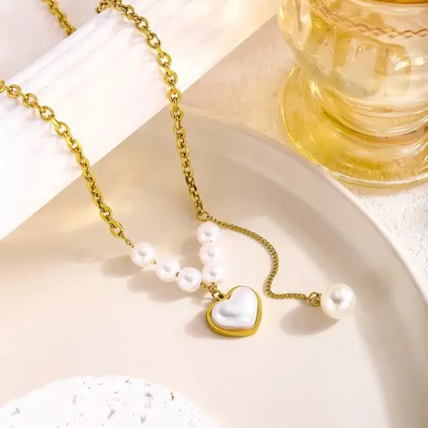 304 Stainless Steel Plastic Heart Shape Ion Plating (IP) 18K Gold Plated Elegant Waterproof Non Tarnish Beaded Pearl Regular Chain Gold Bracelets Necklace Jewelry Set