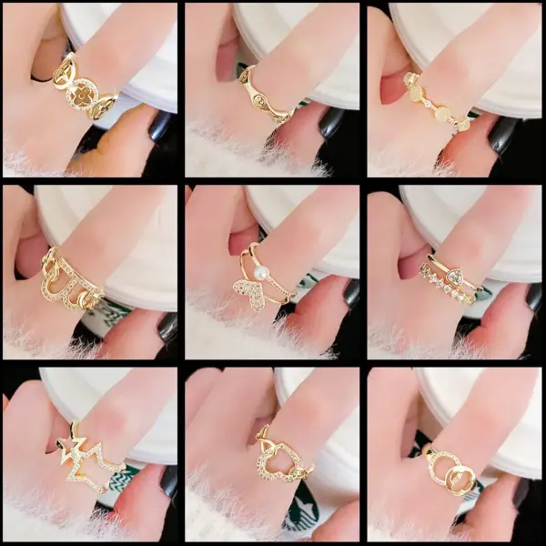 Wholesale Fashion Heart Shape Flower Bow Knot Copper Inlay Artificial Pearls Zircon Open Ring 1 Piece
