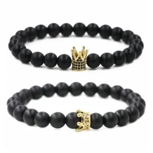 Wholesale Hot Sale Matte Black Stone Micro Inlaid Zircon Crown Couple Bracelet Copper Beads Bracelet Wholesale Nihaojewelry