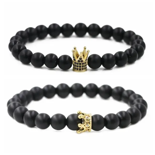 Wholesale Hot Sale Matte Black Stone Micro Inlaid Zircon Crown Couple Bracelet Copper Beads Bracelet Wholesale Nihaojewelry