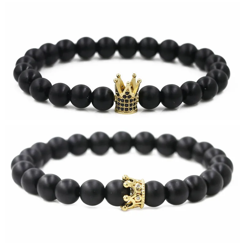 Wholesale Hot Sale Matte Black Stone Micro Inlaid Zircon Crown Couple Bracelet Copper Beads Bracelet Wholesale Nihaojewelry