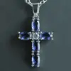 Wholesale Fashion Simple Copper Inlaid Blue Oval Zircon Cross Pendant Necklace