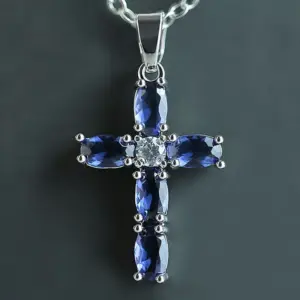 Wholesale Fashion Simple Copper Inlaid Blue Oval Zircon Cross Pendant Necklace