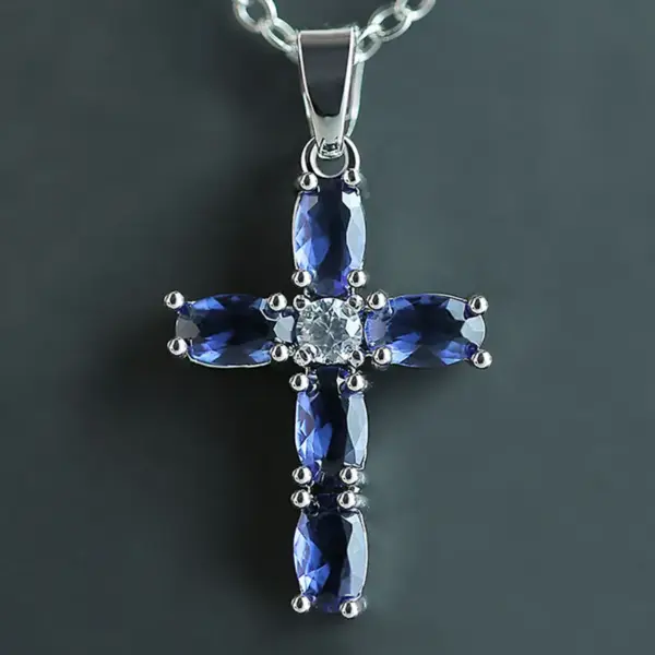 Wholesale Fashion Simple Copper Inlaid Blue Oval Zircon Cross Pendant Necklace