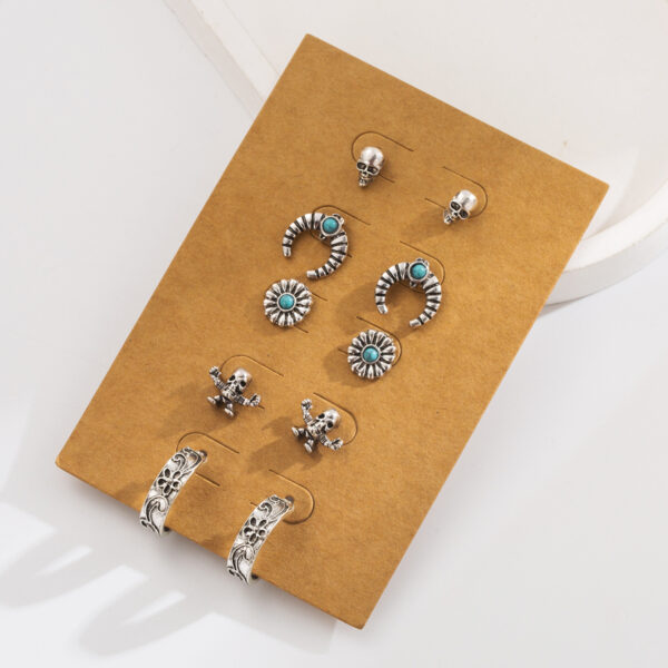 Wholesale Cross-Border Hot Selling Retro Ethnic Style Turquoise Earrings Set Exaggerated Skull Horn Oval Geometric Earrings for Women