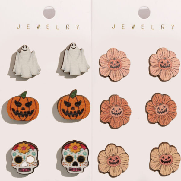 oly-eb3b488aa8a7b1d15d528cea53bb2a8b Wholesale European and American Cross-border Halloween Cartoon Funny Ghost Pumpkin Kid Wooden Decorative Earrings Combination suit