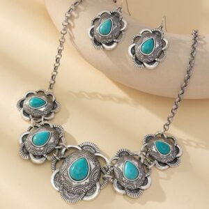 Wholesale Cross-border European and American New Retro Drop Green Necklace Earrings Jewelry suit Western-style Exaggerated Turquoise Jewelry