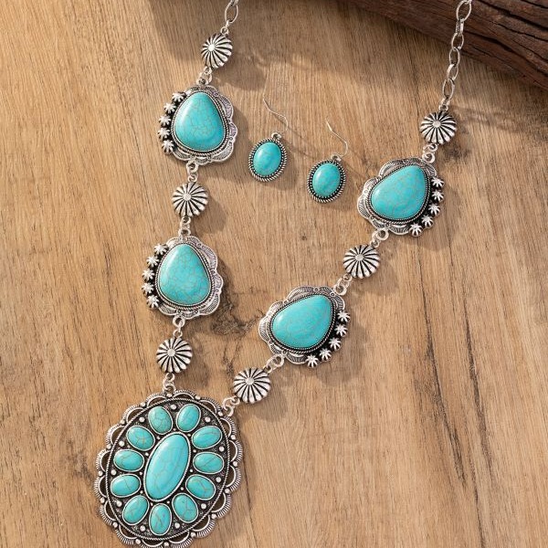 Wholesale Cross-Border European and American Retro Special-Shaped Necklace Turquoise Earrings Western Style Exaggerated Turquoise Necklace Jewelry Set