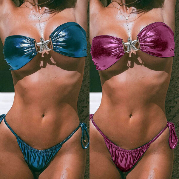 Wholesale 24 AliExpress Amazon popular sexy tube top split bikini blue glossy Golden Starfish swimsuit for women