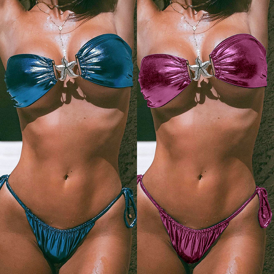 Wholesale 24 AliExpress Amazon pular sexy tube top split bikini blue glossy Golden Starfish swimsuit for women