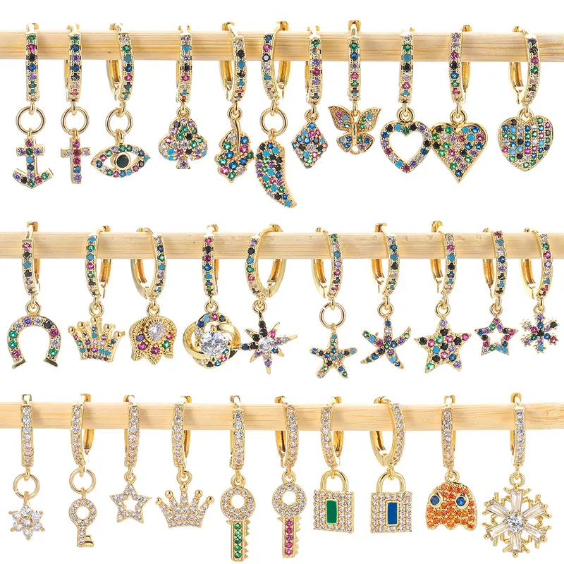 Wholesale Fashion Geometric Inlay Copper Zircon Charm Sleeper Hoop Earrings Earrings