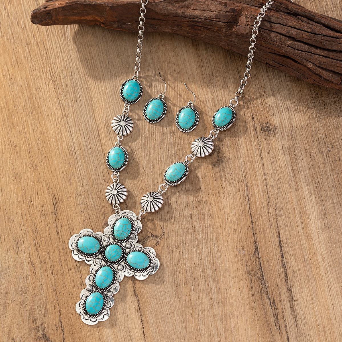 Wholesale Cross-Border European and American Retro Fashion Cross Turquoise Necklace and Earrings Western Style Exaerated Jewelry Set