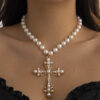 Wholesale European and American Cross-border Cyberpunk Cross Necklace Dark Exaggerated Micro-inlaid Imitation Pearl Multi-layered Stacked Jewelry