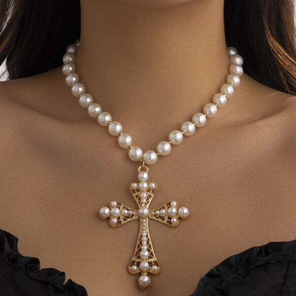Wholesale European and American Cross-border Cyberpunk Cross Necklace Dark Exaggerated Micro-inlaid Imitation Pearl Multi-layered Stacked Jewelry