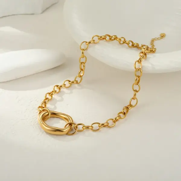 Style Personality Geometric Hollow 304 Stainless Steel Vacuum Electroplating (Furnace) 18K Real Gold Plated Oval Necklace Bracelet Earrings Jewelry Set Versatile Ring Wholesale