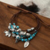 Wholesale European and American New Ethnic Style Bohemian Turquoise Tow Head Elephant Leaf Pendant Handmade Multi-layer Bracelet Bracelet