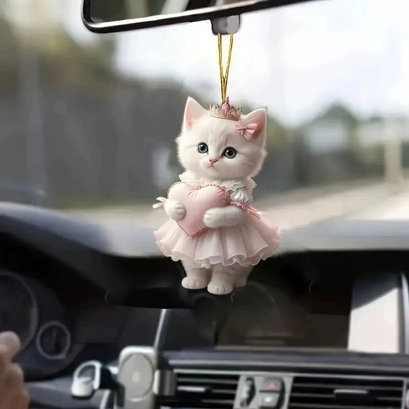 Wholesale Cross-Border New Elegant Little White Cat Car Pendant Acrylic Flat Car Interior Rearview Mirror Decoration Home Pendant