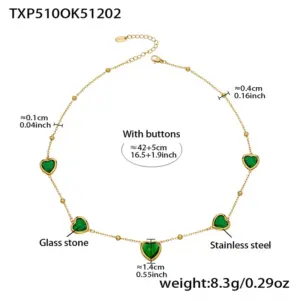 TXP510-Green Glass Stone Gold Necklace 42+5cm