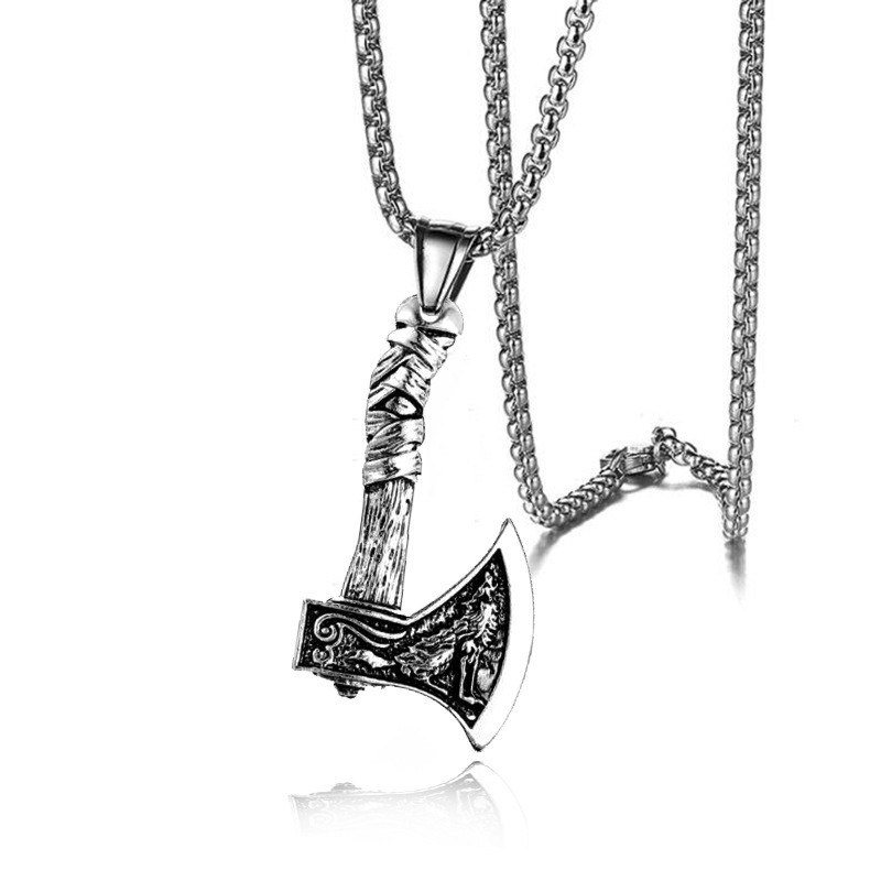 Wholesale 2023 European and American Foreign Trade Jewelry Viking Celtic Wolf Axe Stainless Steel Necklace Pendant Personality Necklace