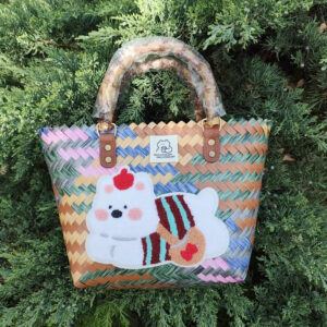 Gray color bamboo handle basket plus school bag dog