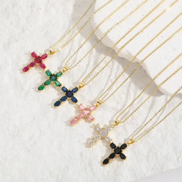 Wholesale Basic Cross Copper Irregular Plating Inlay Zircon 14k Gold Plated Necklace