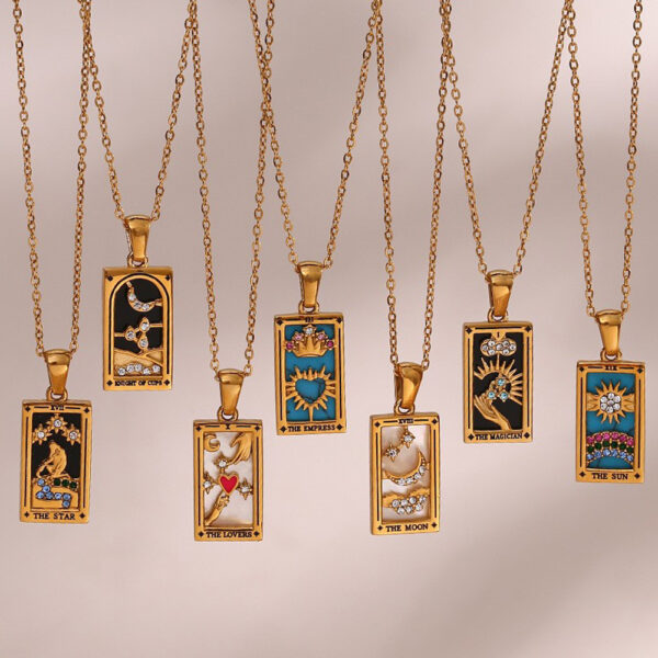 Wholesale European and American Ins Fashion Retro Popular Hot Pendant Jewelry Stainless Steel Rectangular Oil Dropping Zircon Tarot Necklace