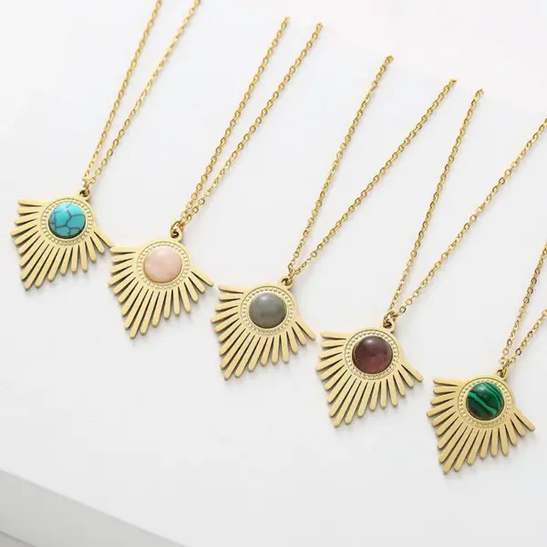Wholesale Retro Round Stripe Stainless Steel Inlay Natural Stone Turquoise Pendant Necklace 1 Piece