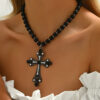Wholesale European and American Cross-border Dark Punk Hip-hop Gothic Imitation Pearl Beaded Diamond Exaggerated Cross Pendant Necklace