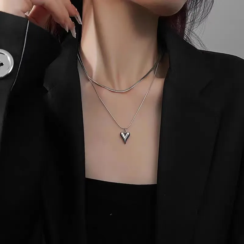 Wholesale Ion Plating (IP) Heart Shape Stainless Steel Sweet Cool Style Waterproof Non Tarnish 304 Stainless Steel Double Layer Necklaces