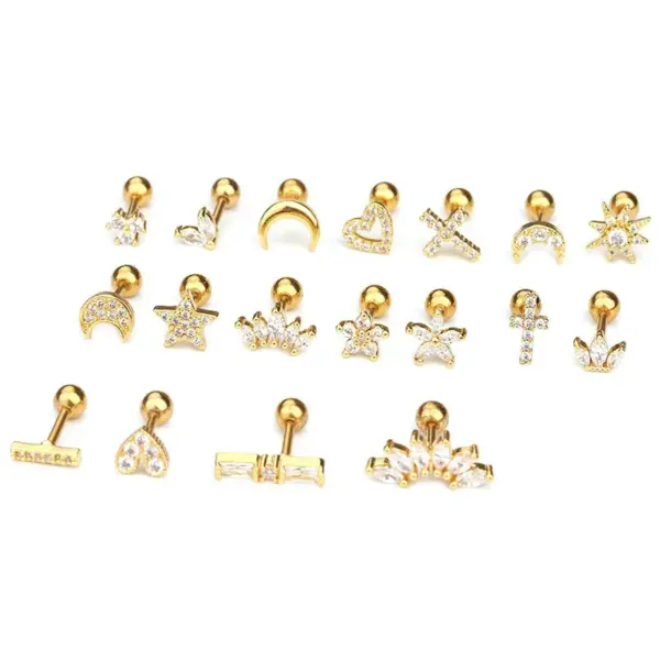 1 Piece IG Style Star Moon Inlay 304 Stainless Steel Zircon 14K Gold Plated Ear Studs