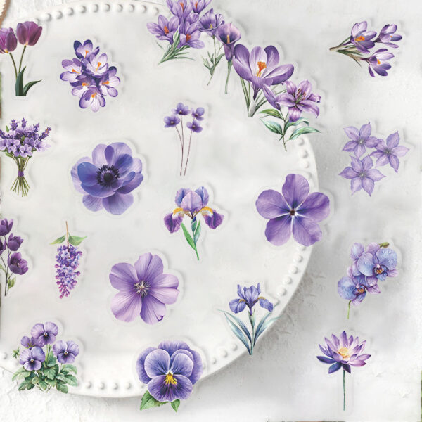Wholesale 50 Sheets Transparent Cartoon Purple Flower Sticker Pack Waterproof Transparent PET Hand Account Material Decorative Guitar Notebook