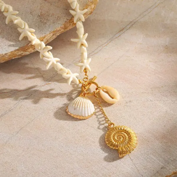 Wholesale Jewelry Beach Sweet Conch Shell 304 Stainless Steel Acrylic 18K Gold Plated Plating Inlay Cord In Chain Multi Charms Necklace