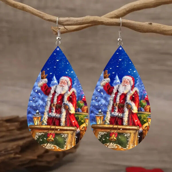 Wholesale Christmas-themed double-sided patterned teardrop wooden earrings