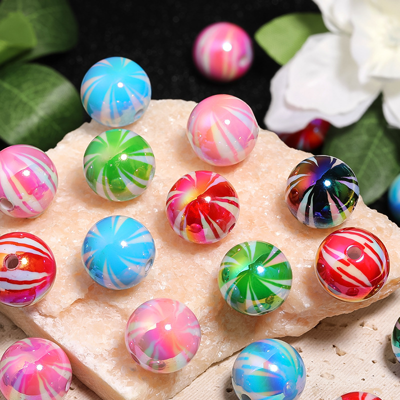 Wholesale Christmas color stripe beads UV plating printing watermelon beads