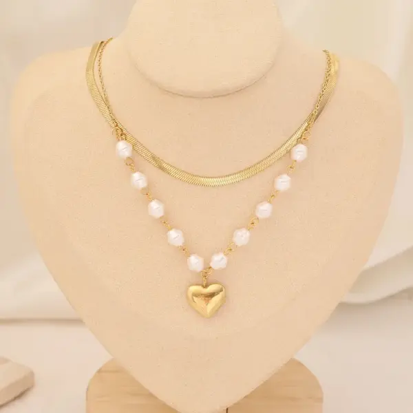Wholesale Stainless Steel 18K Gold Plated Fashion Gold Plated Heart Shape Pearl Layered Necklaces