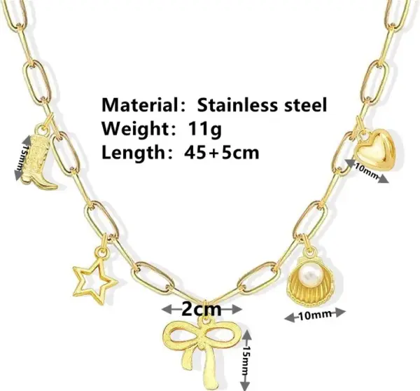 304 Stainless Steel Star Bow Knot Shell PVD Coated Pearl 18K Real Gold Plated Cute Sweet Waterproof Non Tarnish Hollow Out Inlay Cuban Link Chain Snake Chain Gold Pendant Necklace