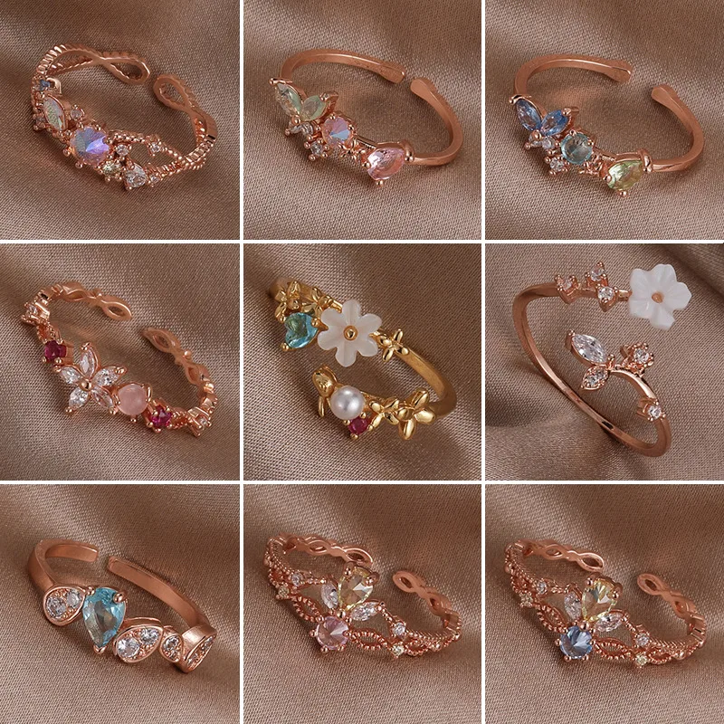 Wholesale Geometric Flower Copper INS Style Sweet Open Ring Rings