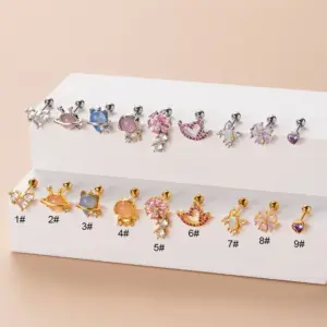 1 Piece 316L Stainless Steel Copper Zircon Ear Cartilage Rings & Studs Heart Shape Flower Waterproof Non Tarnish Surgical Steel Women'S
