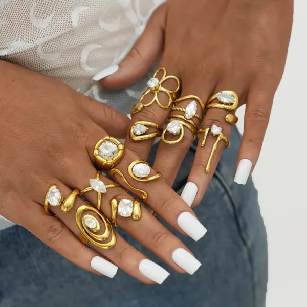 Wholesale 304 Stainless Steel 18K Gold Plated Women Stainless Steel Zircon Geometric Open Ring Women Jewelry Accessories Holiday Gifts