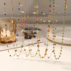 Wholesale Fashionable Gold Plated Titanium Steel Necklace For Women Colorful Stone Lockbone Chain Stylish Lightweight Versatile Jewelry