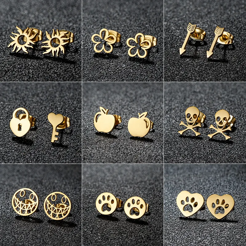 Wholesale PVD Coated 18K Gold Real Gold Plated Flower Apple 304 Stainless Steel Cute Sweet Waterproof Non Tarnish Ear Studs