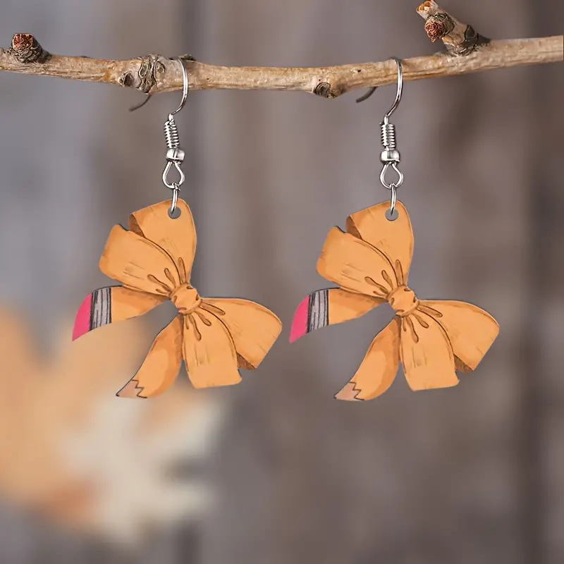 Wholesale Back-to-school creative pencil bow wooden earrings
