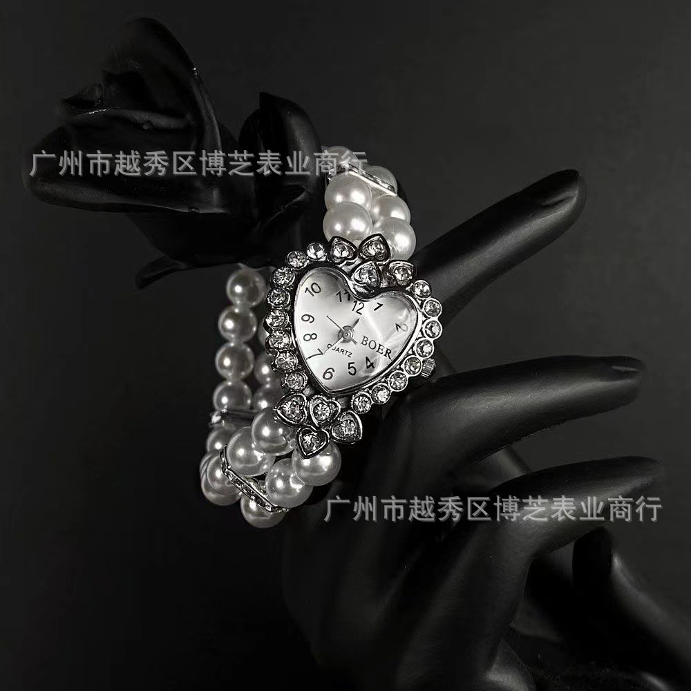 Wholesale Spice Girls Y2K Millennium Love Imitation Diamond Pearl Watch Korean Bracelet Didi Trendy Heart-shaped ins Dual-purse Sweet Girl Watch