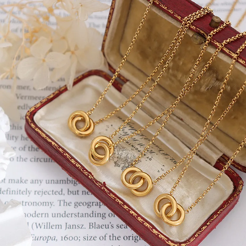 Wholesale PVD Coated Real Gold Plated 18K Gold Double Ring Titanium Steel Simple Style Waterproof Non Tarnish 304 Stainless Steel Pendant Necklace