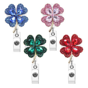 Wholesale New Lucky Four-Leaf Clover Rhinestone Retractable Rotating Badge Scroll for Medical Professionals and Women, Easy-Pull Buckle Brooch