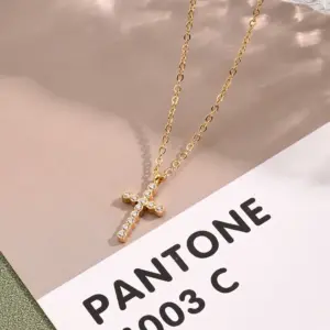 White Rhinestone Cross Necklace (Gold)【String Length: 400+60mm】 / 1 Strand/Package