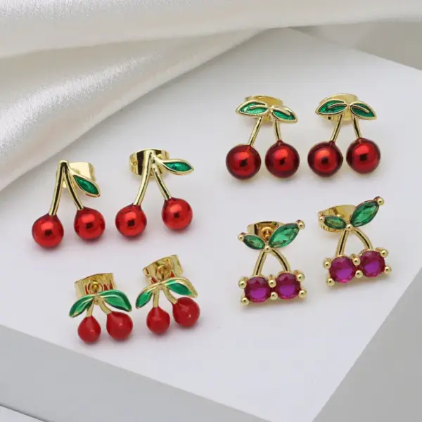 Wholesale 1 Pair IG Style Cherry Enamel Inlay Copper Zircon Ear Studs