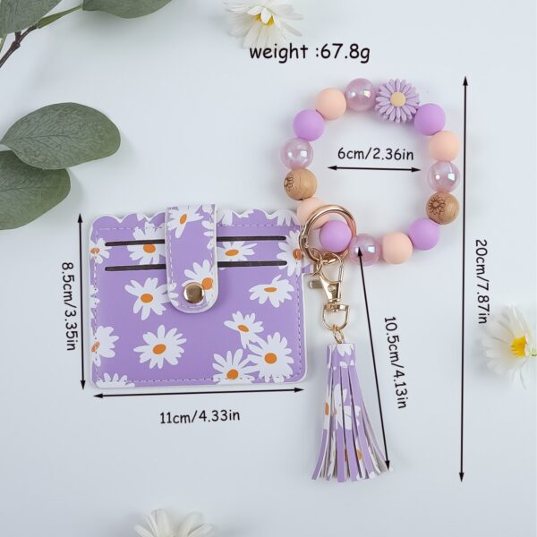 Wholesale Cute daisy print beaded bracelet keychain PU leather tassel card holder charm