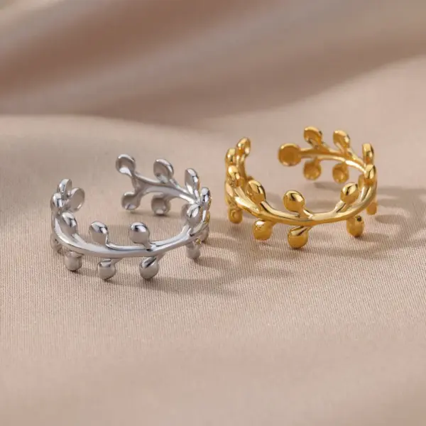 PVD Coated Real Gold Plated Leaf Stainless Steel Fashion Waterproof Non Tarnish Open Ring